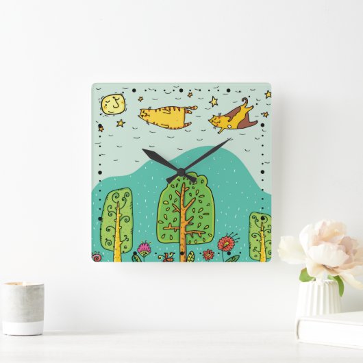 サニー日飛んでいるネコPETかわいいベビー子供部屋 スクエア壁時計 (ホーム)