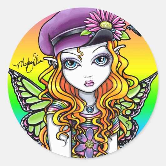 "サニー"かわいいレインボーバタフライフェアリーのシール ラウンドシール (正面)