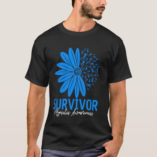 サバイバー 筋炎啓発フラワーリボン ブルー Tシャツ (正面)