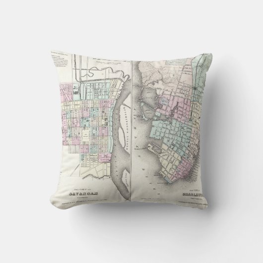 サバンナおよびチャールストン(1855年)のヴィンテージの地図 クッション (正面)