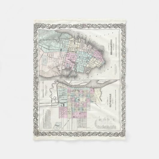 サバンナおよびチャールストン(1855年)のヴィンテージの地図 フリースブランケット (正面)