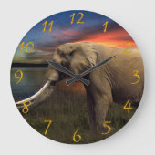 サバンナの動物の平野に象 ラージ壁時計 (正面)