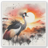 サバンナの夕日に美しい冠をかぶった鶴 シール (正面)