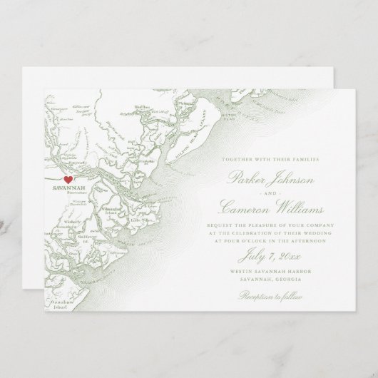 サバンナジョージアのエレガント地図セージ結婚グリーン 招待状 (正面/裏面)