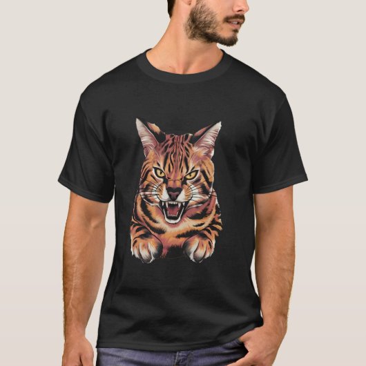 サバンナ 猫 おもしろ デザイン 大声 サーバル 猫 Tシャツ (正面)