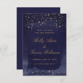 サファイアと金ゴールド結婚式の日付の保存 セーブザデート (正面/裏面)