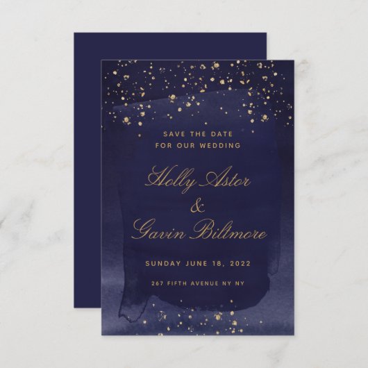 サファイアと金ゴールド結婚式の日付の保存 セーブザデート (正面/裏面)