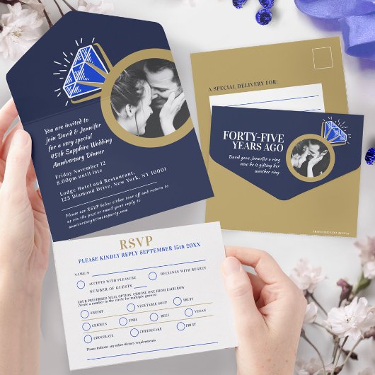 サファイアの指輪と食事をする４５周年記念日のディナー オールインワン招待状