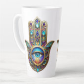 サファイアの第三の目を持つゴールドバイオレットターコイズハムサ カフェラテマグ (左アングル)
