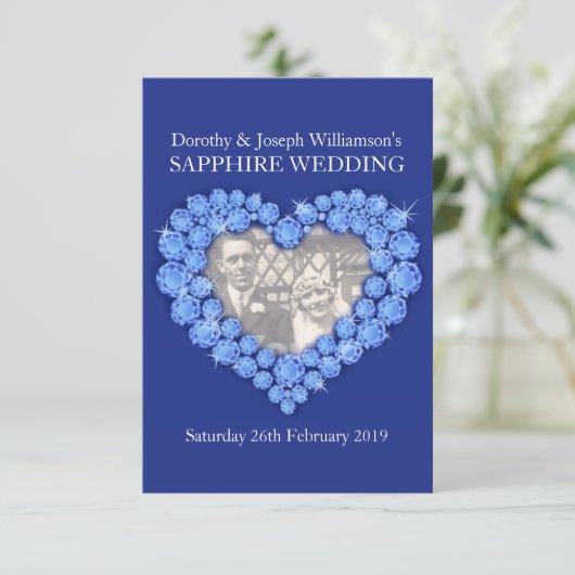 サファイアの結婚式のハート型写真招待状 招待状 (スタンド正面)