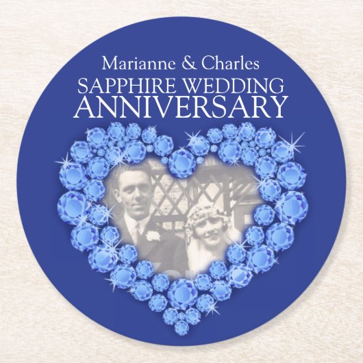 サファイアの結婚記念日のハートの写真のコースター ラウンドペーパーコースター (正面)