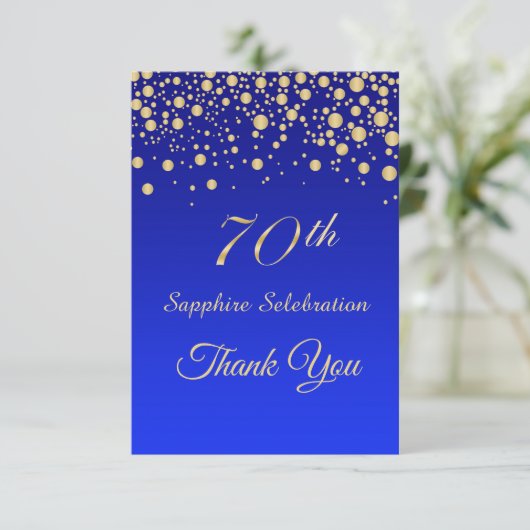 サファイアの青い誕生日の金ゴールドの紙吹雪は感謝していしています サンキューカード (スタンド正面)