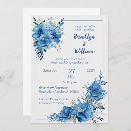 サファイアエレガンスブルーフローラ結婚式招待状 招待状 (正面/裏面)