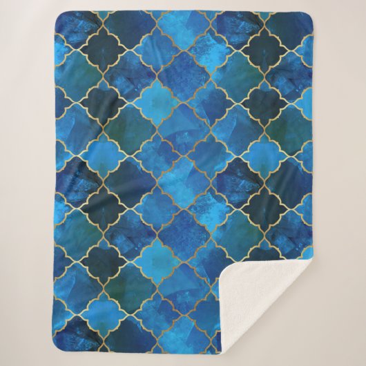 サファイアジェムストーン&金ゴールドモロッコタイルパターン シェルパブランケット (正面)