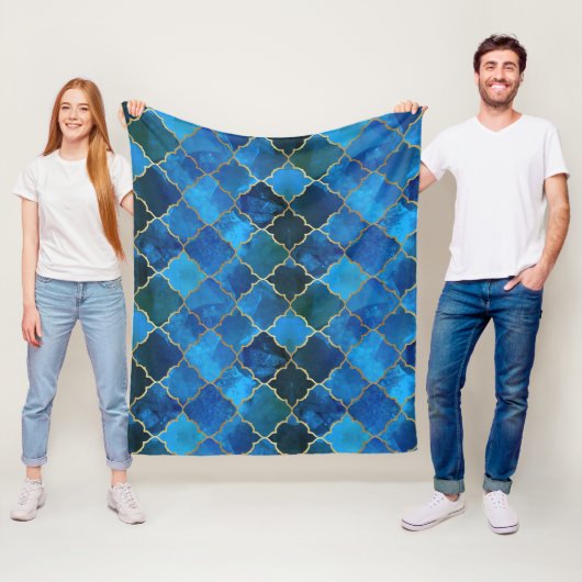 サファイアジェムストーン&金ゴールドモロッコタイルパターン フリースブランケット (インサイチュ)