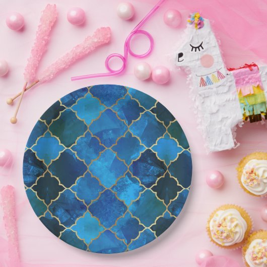 サファイアジェムストーン&金ゴールドモロッコタイルパターン ペーパープレート (パーティー)