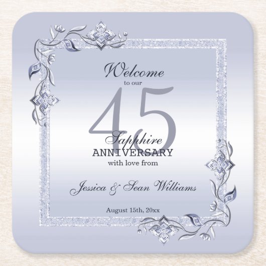 サファイアジェム&グリッター45結婚周年 スクエアペーパーコースター (正面)