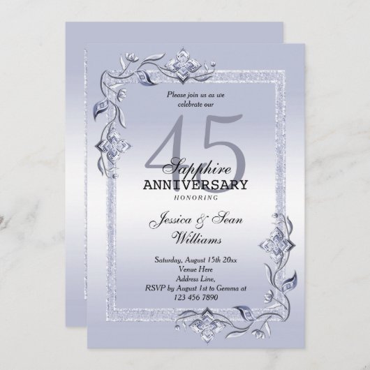 サファイアジェム＆グリッター 45周年結婚記念日 招待状 (正面/裏面)
