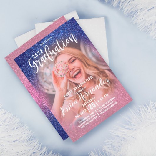 サファイアピンクトリプルグリッター写真卒業 招待状