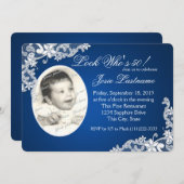 サファイアブルーとフローラレースフォト誕生日 招待状 (正面/裏面)