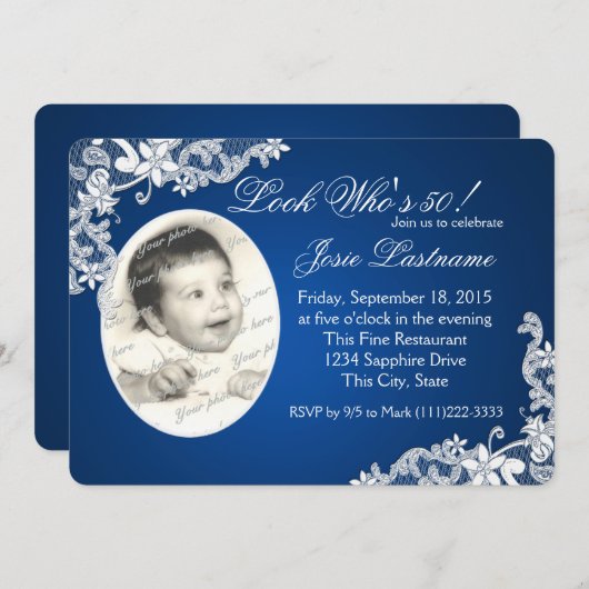 サファイアブルーとフローラレースフォト誕生日 招待状 (正面/裏面)