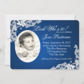 サファイアブルーとフローラレースフォト誕生日 招待状 (正面)