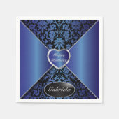 サファイアブルーとブラックダマスク |カスタマイズ スタンダードカクテルナプキン (正面)