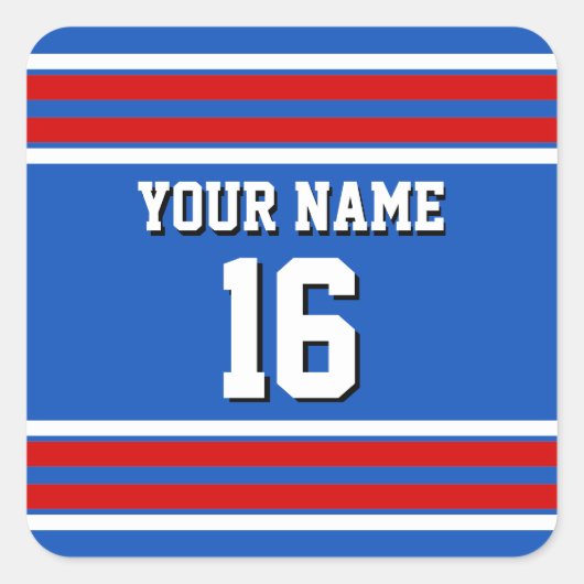 サファイアブルーとレッドホワイトストライプチームジャージー スクエアシール (正面)