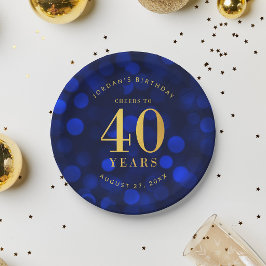 サファイアブルーのぼけ味で「Cheers to 40 Years」40歳の誕生日 ペーパープレート