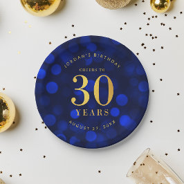サファイアブルーのボケとゴールドで「Cheers to 30 Years」30歳の誕生日 ペーパープレート