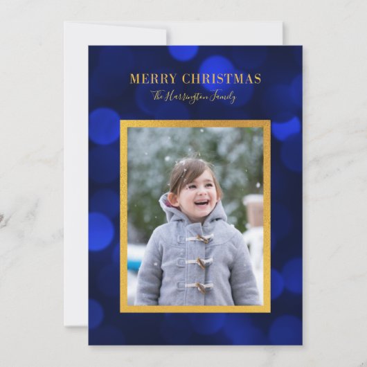 サファイアブルーのボケライト ゴールド メリークリスマス シーズンカード (正面)