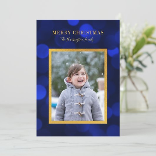 サファイアブルーのボケライト ゴールド メリークリスマス シーズンカード (スタンド正面)