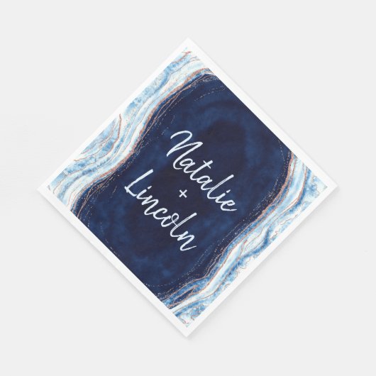 サファイアブルーアゲイトGeode結婚のモノグラムディナー スタンダードランチョンナプキン (角)
