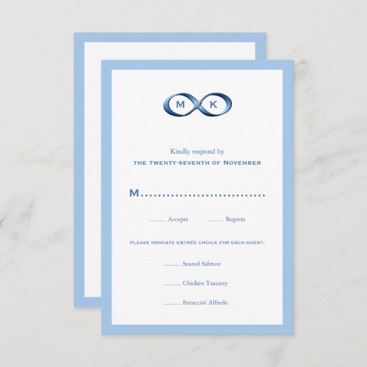 サファイアブルーインフィニティハンドクラスプウェディングRSVPカー 出欠カード (正面/裏面)