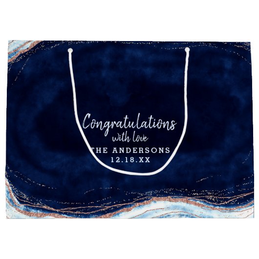 サファイアブルーバラ金ゴールド結婚おめでとう ラージペーパーバッグ (裏面)