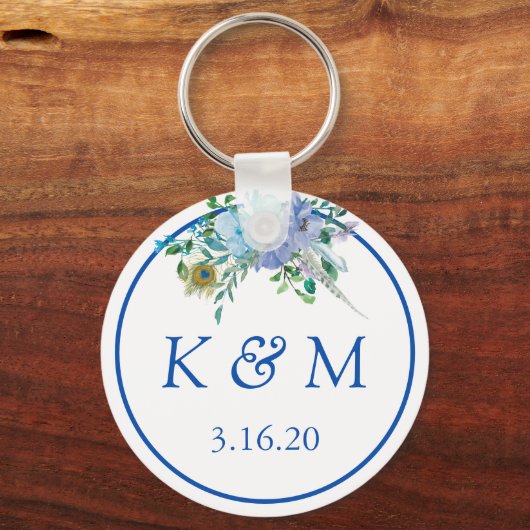サファイアブルーフローラモノグラム結婚式の引き出物 キーホルダー (正面)
