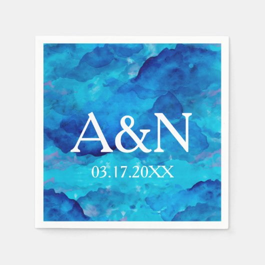 サファイアブルー水結婚色モノグラム スタンダードカクテルナプキン (正面)