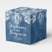 サファイアブルー素朴ダマスクパターン結婚式の引き出物 フェイバーボックス (正面サイド)