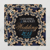 サファイアブルー金ゴールドレースジュエル結婚式招待状 招待状 (正面/裏面)