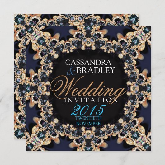 サファイアブルー金ゴールドレースジュエル結婚式招待状 招待状 (正面/裏面)