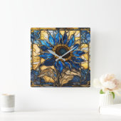 サファイアブルーN金ゴールドステンドグラスひまわり スクエア壁時計 (ホーム)