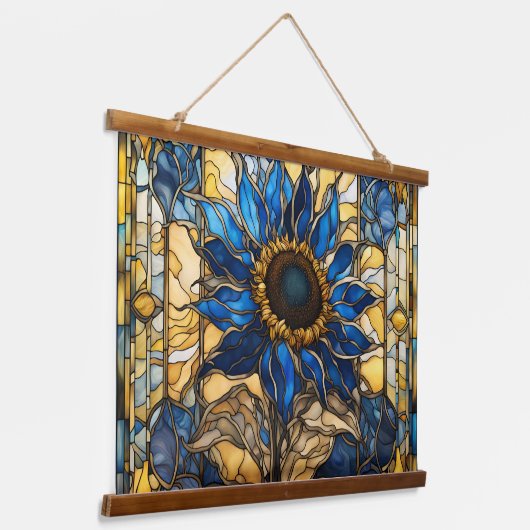 サファイアブルーN金ゴールドステンドグラスひまわり 吊り下げ型タペストリー (傾斜あり)