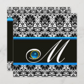 サファイア ダマスク モノグラム 黒 白 青 招待状 (正面/裏面)