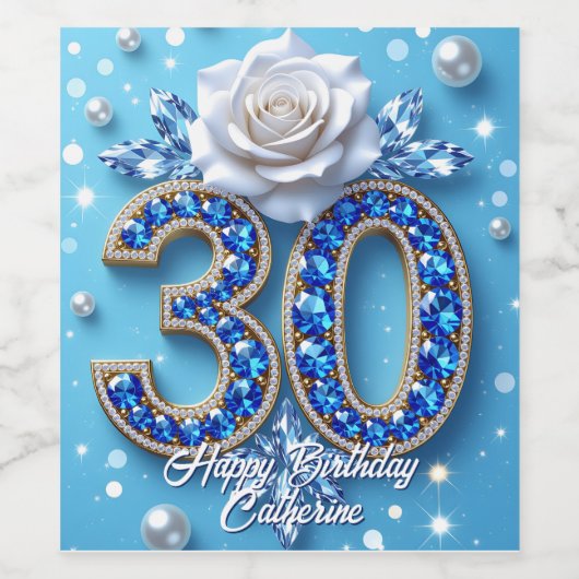 サファイヤきらめくダイヤモンドとバラ30歳の誕生日 ワインラベル (シングルラベル)