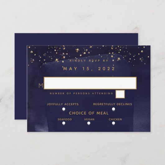 サファイヤと金ゴールド結婚の3食の選択RSVP 出欠カード (正面/裏面)