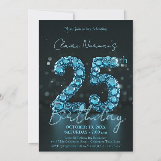 サファイヤエレガントブルーとブラック25誕生日 招待状 (正面)