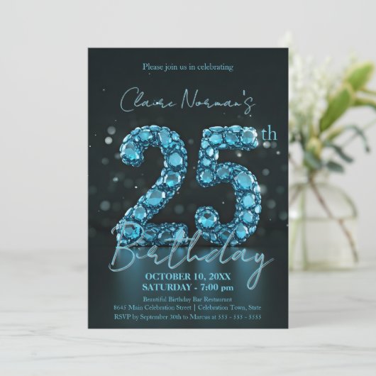 サファイヤエレガントブルーとブラック25誕生日 招待状 (スタンド正面)