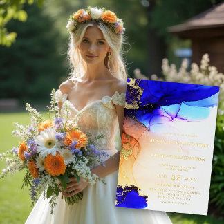 サファイヤエレガントブルーオレンジ結婚の金ゴールド 箔招待状