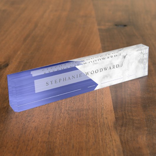 サファイヤエレガントブルーブラシ仕上げメタル白大理石 デスクネームプレート (側面)