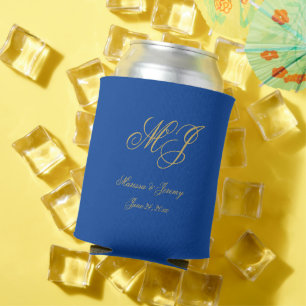 サファイヤエレガントブルー金ゴールドモノグラム結婚ズ 缶クーラー